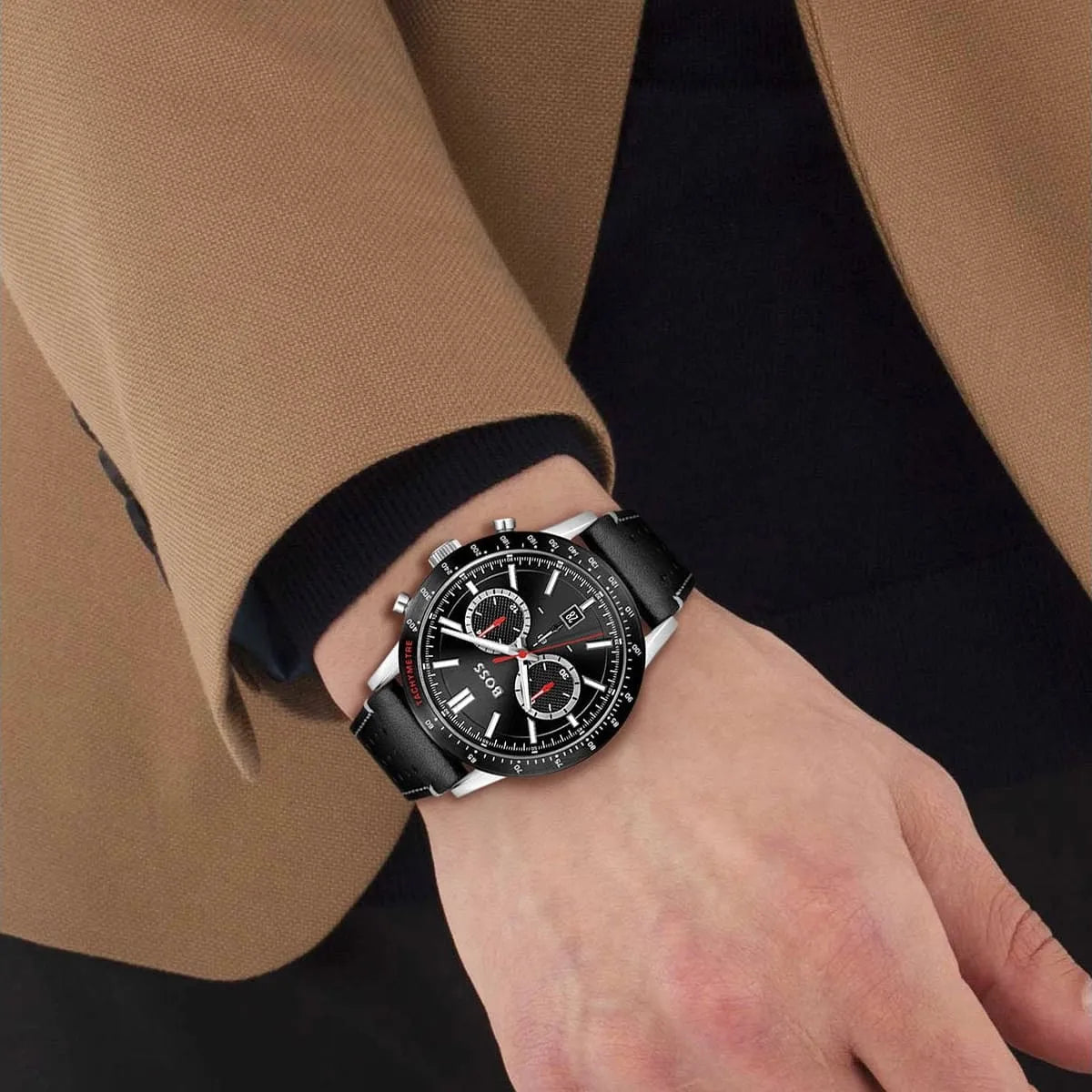Hugo Boss Allure chronograph watch worn on wrist with black leather strap