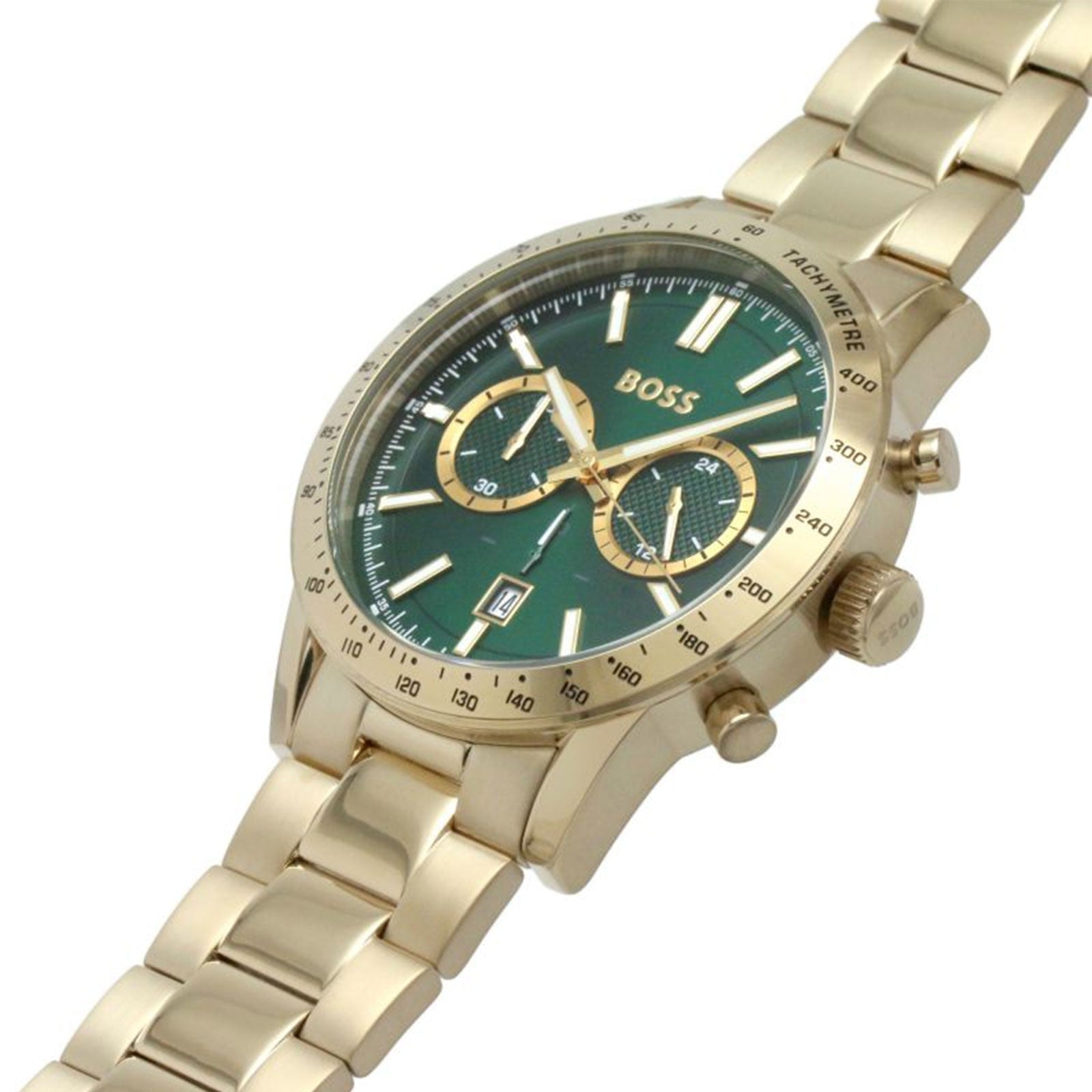 Hugo Boss Allure chronograph watch angled view showing gold-tone bracelet