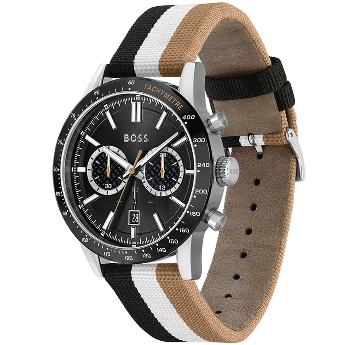 Hugo Boss Allure chronograph watch side view showing multicolor black white tan striped strap and leather backing