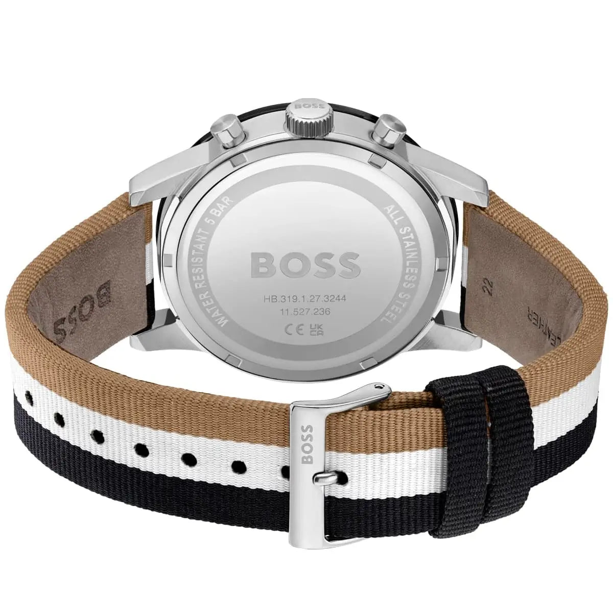 Hugo Boss Allure watch caseback showing model number and multicolor striped nylon strap from behind