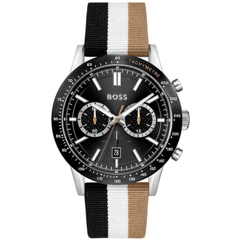 Hugo Boss Allure chronograph watch with black dial, multicolor striped nylon strap, and silver case