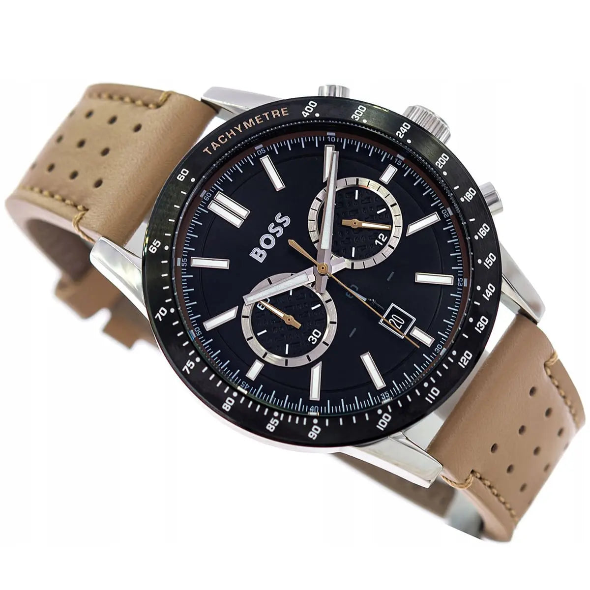 Hugo Boss Allure chronograph watch with black dial and beige perforated strap