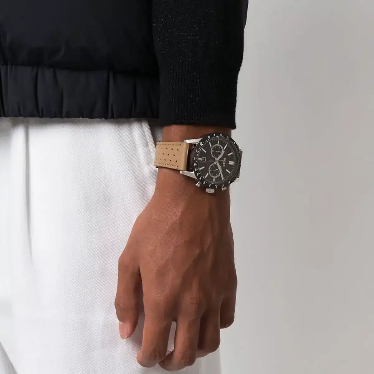 Hugo Boss Allure chronograph watch on wrist with formal attire