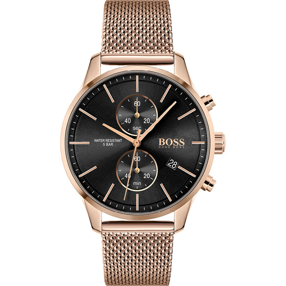 Hugo Boss Associate rose gold chronograph watch with black dial and mesh bracelet