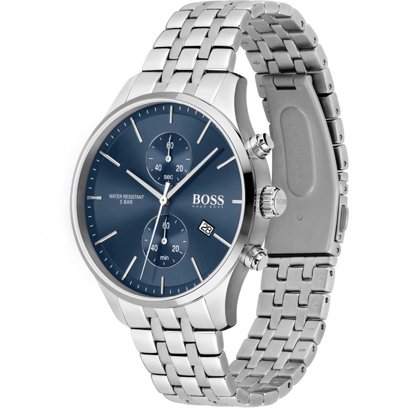 Side angle view of Hugo Boss Associate watch showing stainless steel link bracelet
