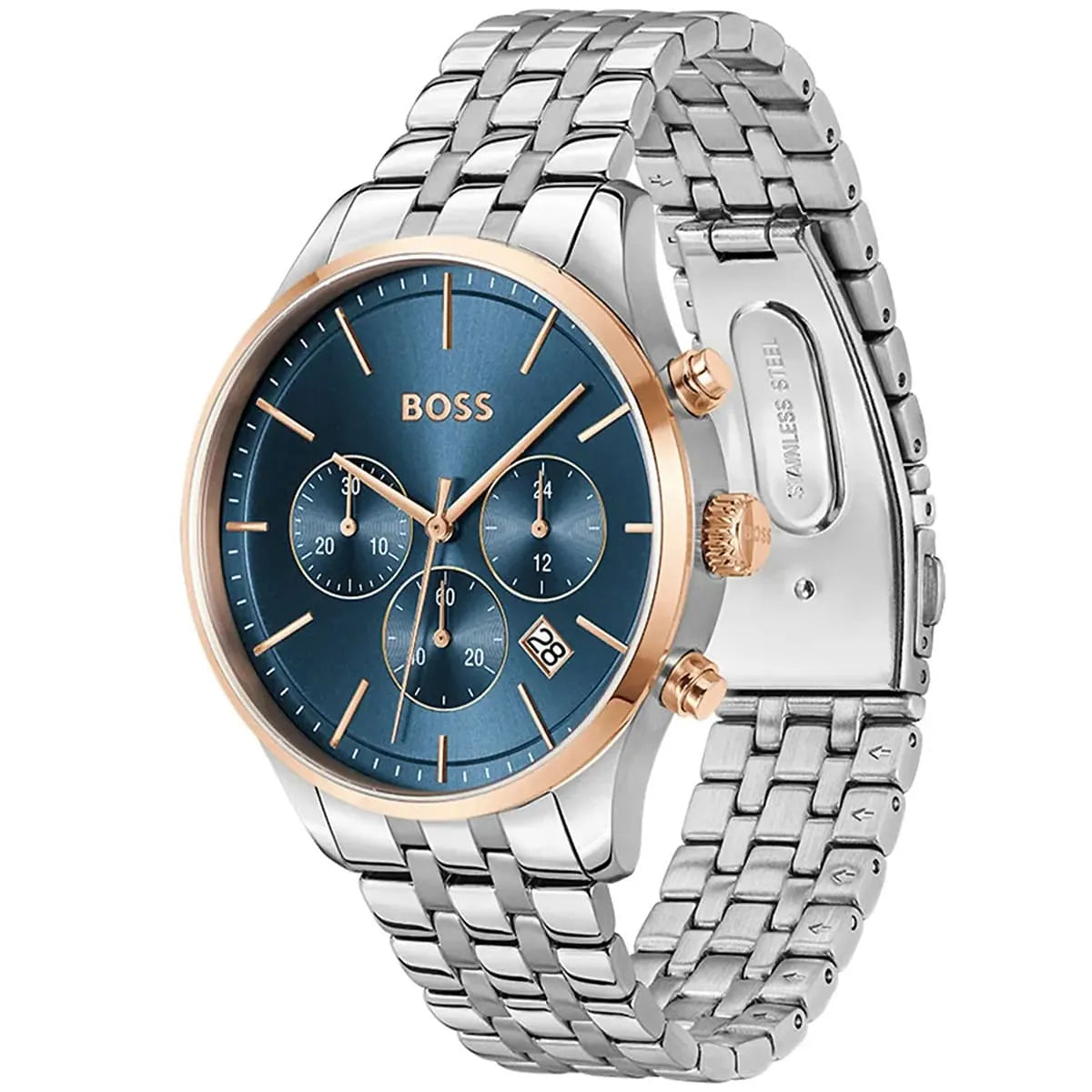 Hugo Boss Avery men's chronograph watch showing blue dial and silver steel bracelet from angled view