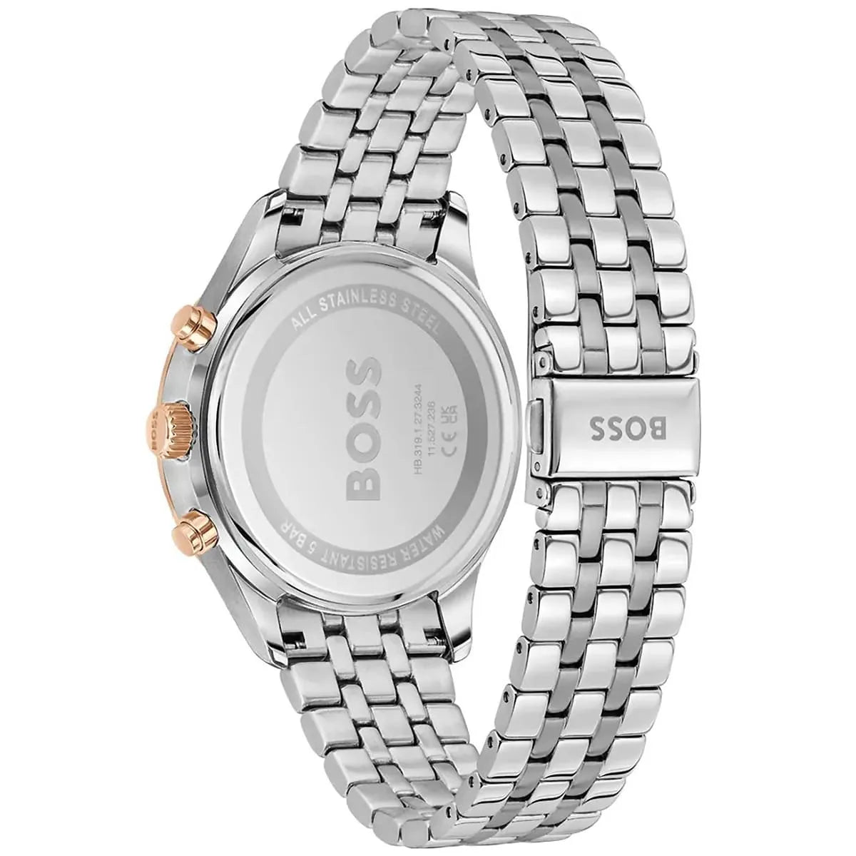 Hugo Boss Avery watch caseback showing stainless steel back with rose gold pushers and bracelet