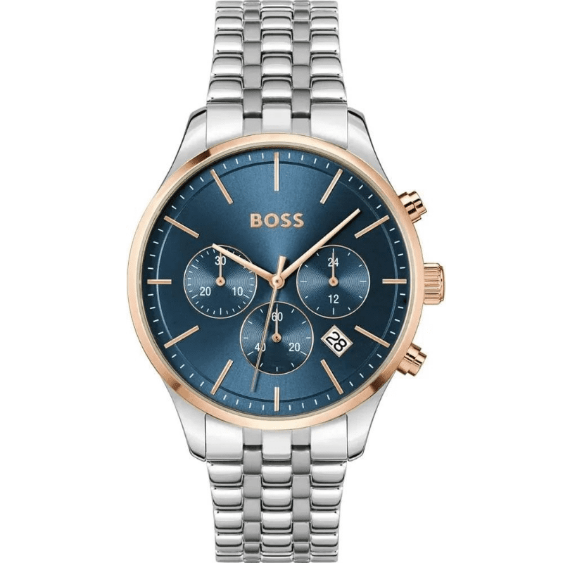 Hugo Boss Avery chronograph watch with blue dial, silver steel strap, and rose gold bezel