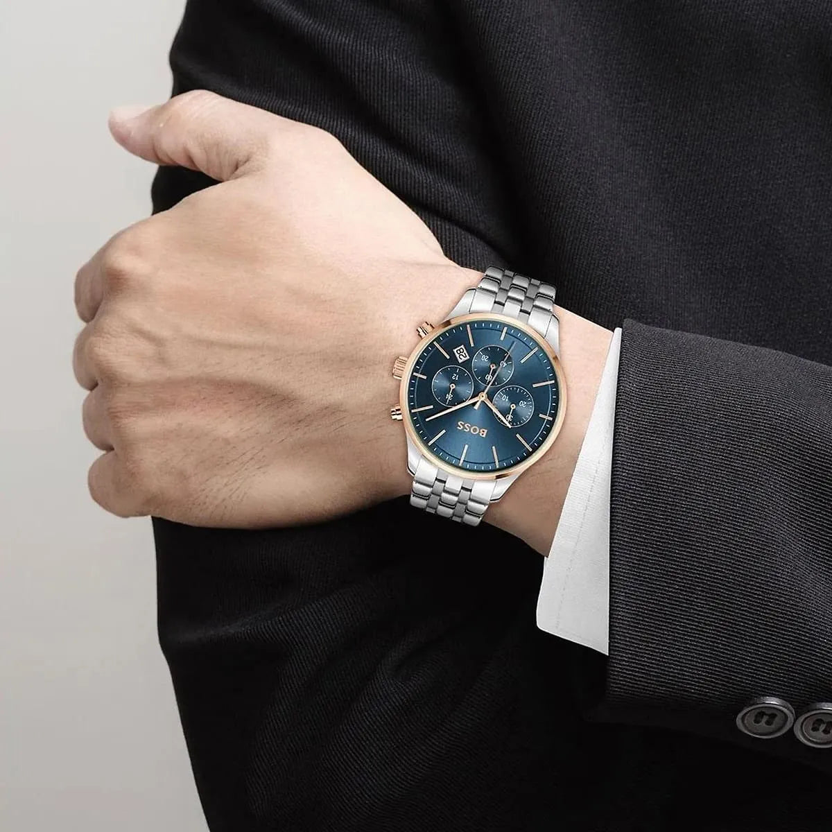Hugo Boss Avery chronograph watch worn on wrist with blue dial visible