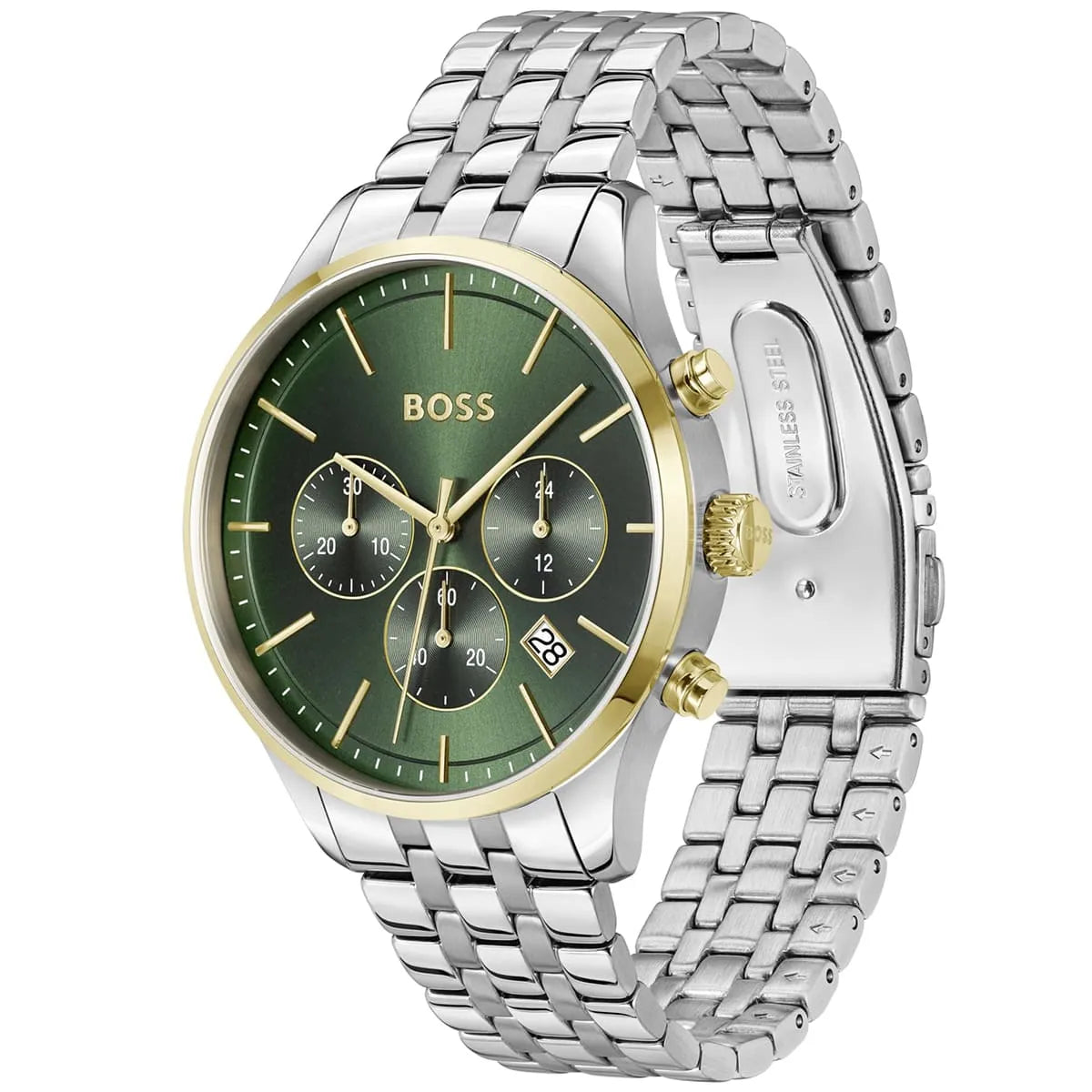 Hugo Boss Avery chronograph watch at angle showing green dial and stainless steel metal bracelet