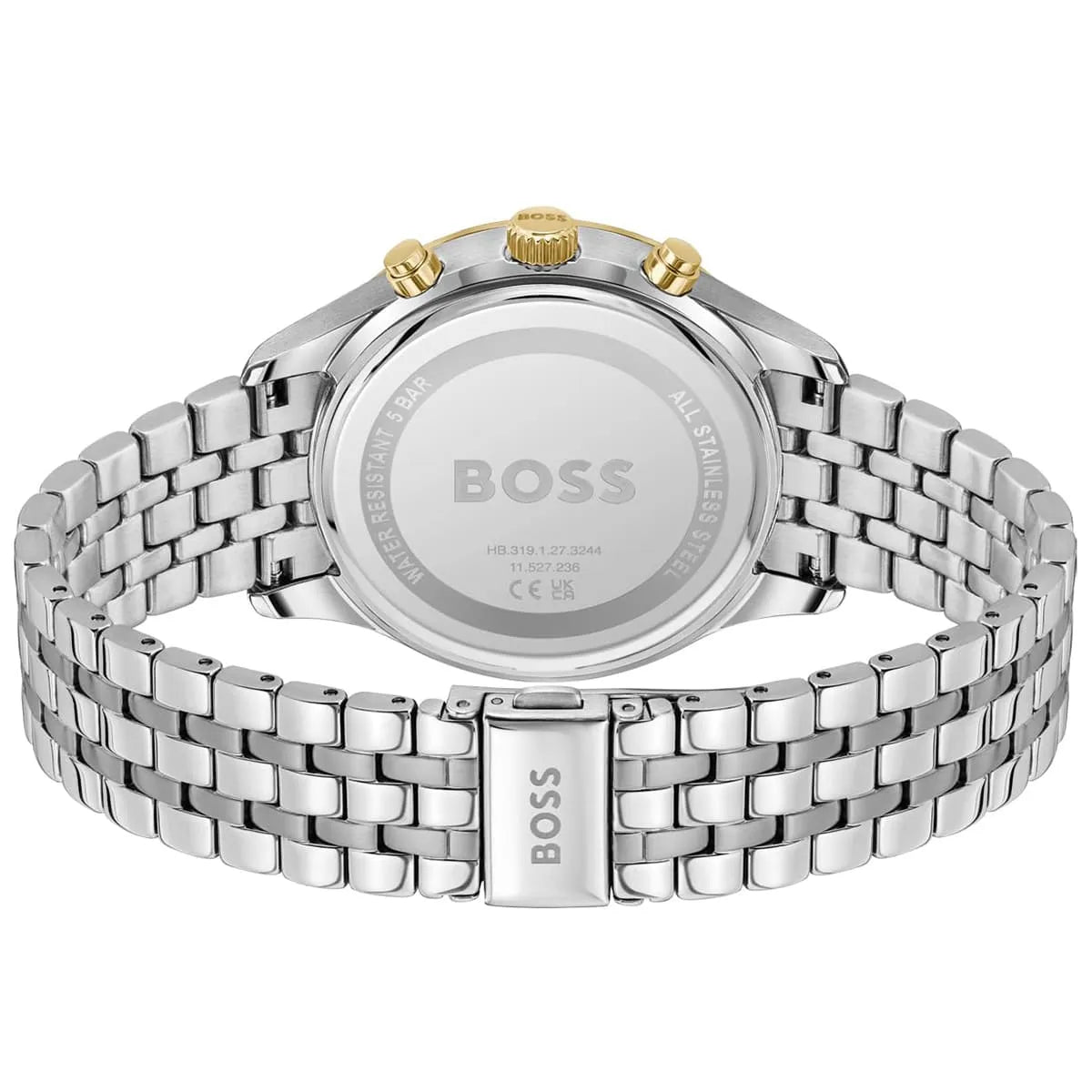 Hugo Boss Avery watch caseback showing stainless steel back plate with gold-tone pushers