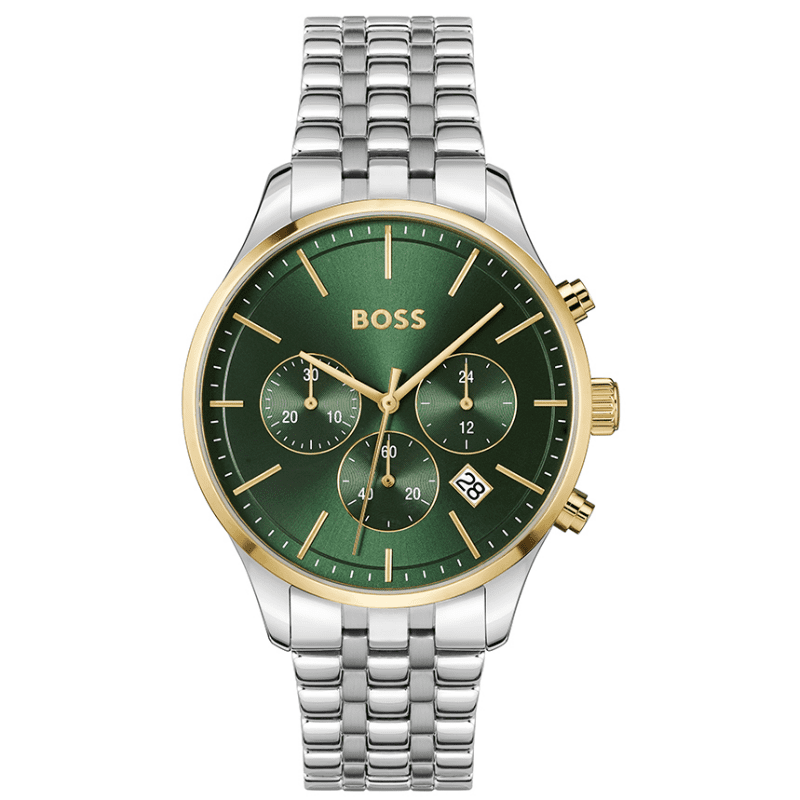 Hugo Boss Avery 42mm green dial chronograph watch with stainless steel bracelet and gold-tone bezel