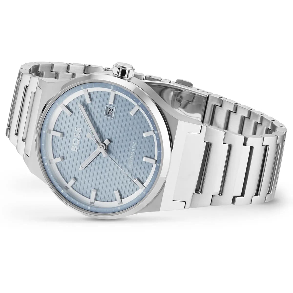 Hugo Boss Candor automatic watch on angle displaying blue dial and stainless steel case