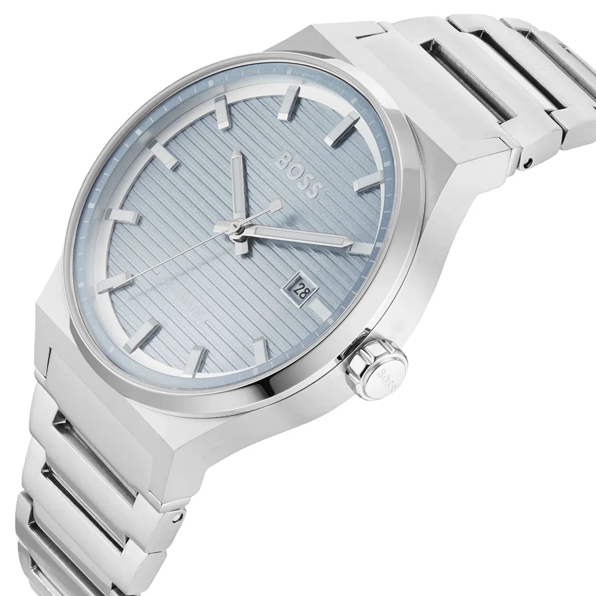 Hugo Boss Candor automatic men's watch side view with light blue dial