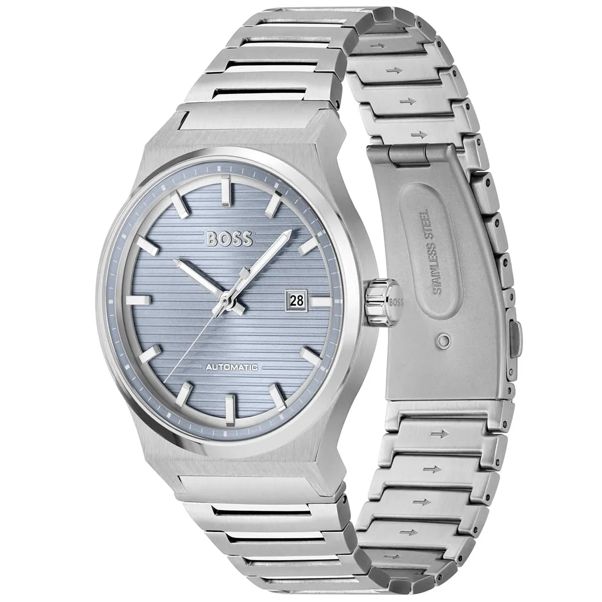 Hugo Boss Candor watch three-quarter view showing blue dial, date window, and metal strap