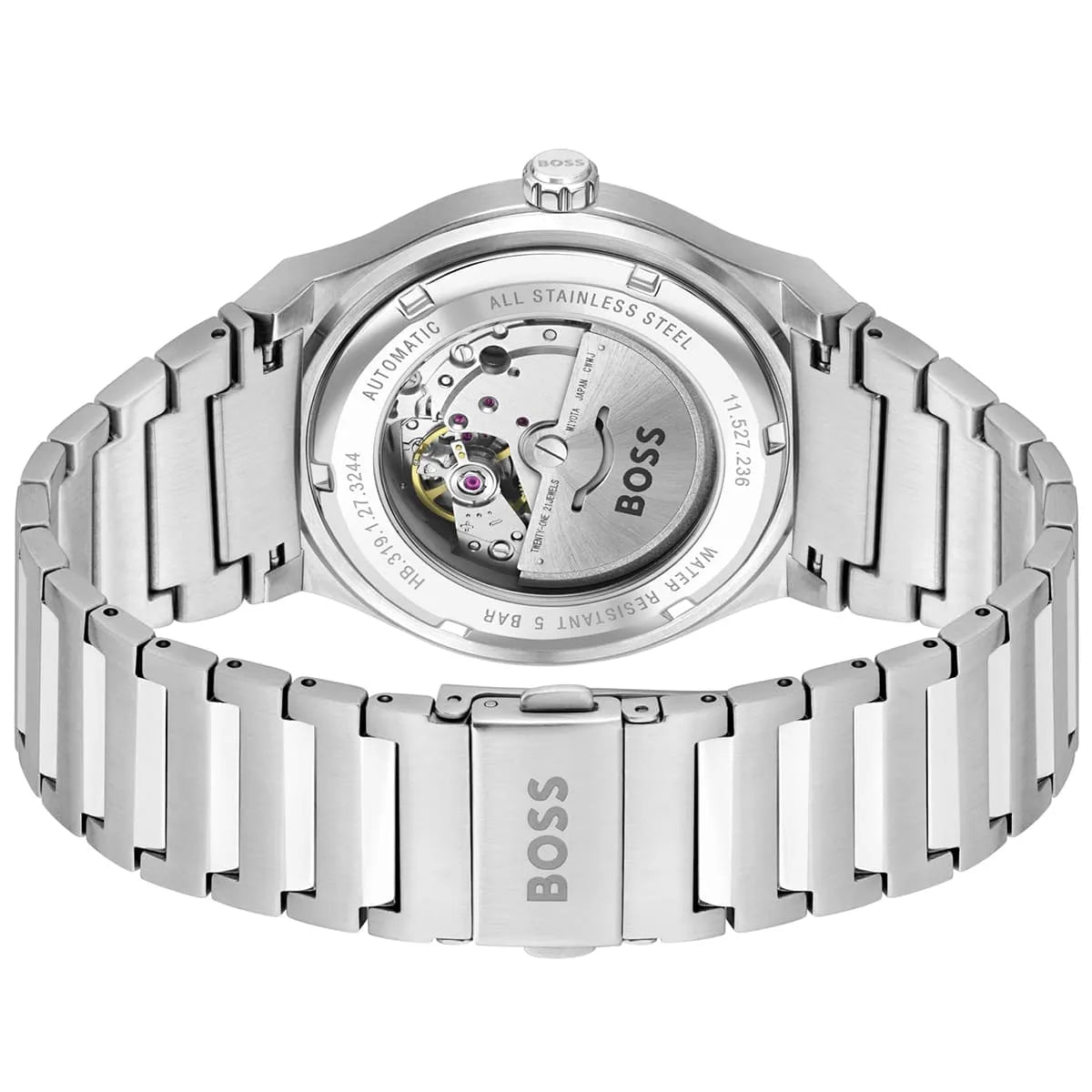Hugo Boss Candor watch caseback revealing automatic movement with visible rotor