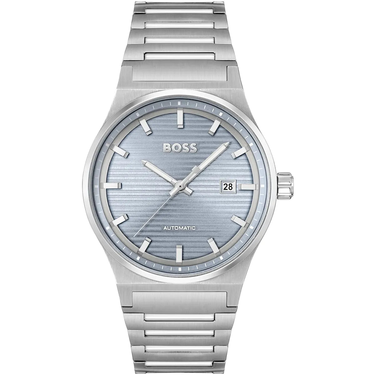 Hugo Boss Candor automatic men's watch with light blue dial and stainless steel bracelet