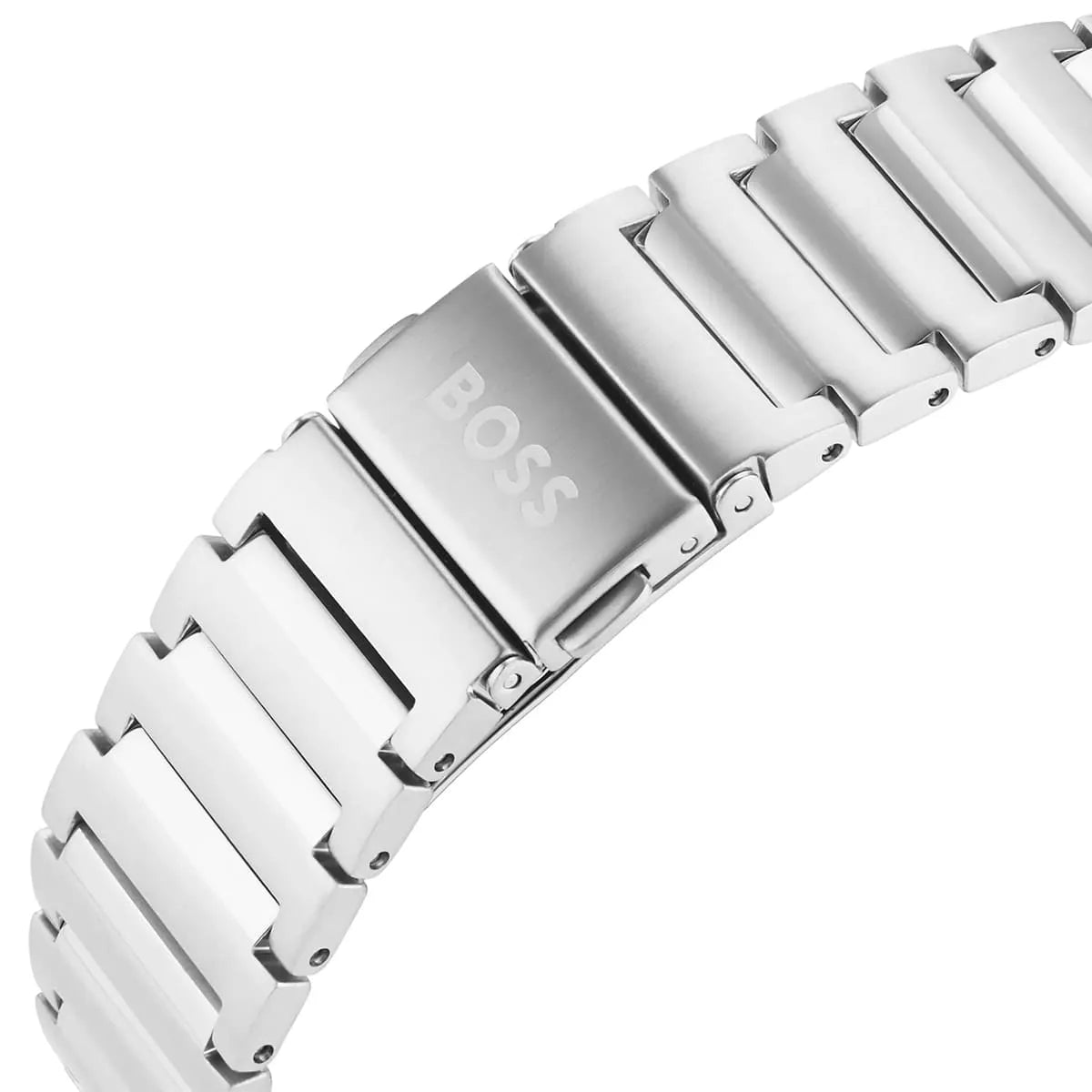 Hugo Boss Candor watch showing stainless steel case profile and metal bracelet