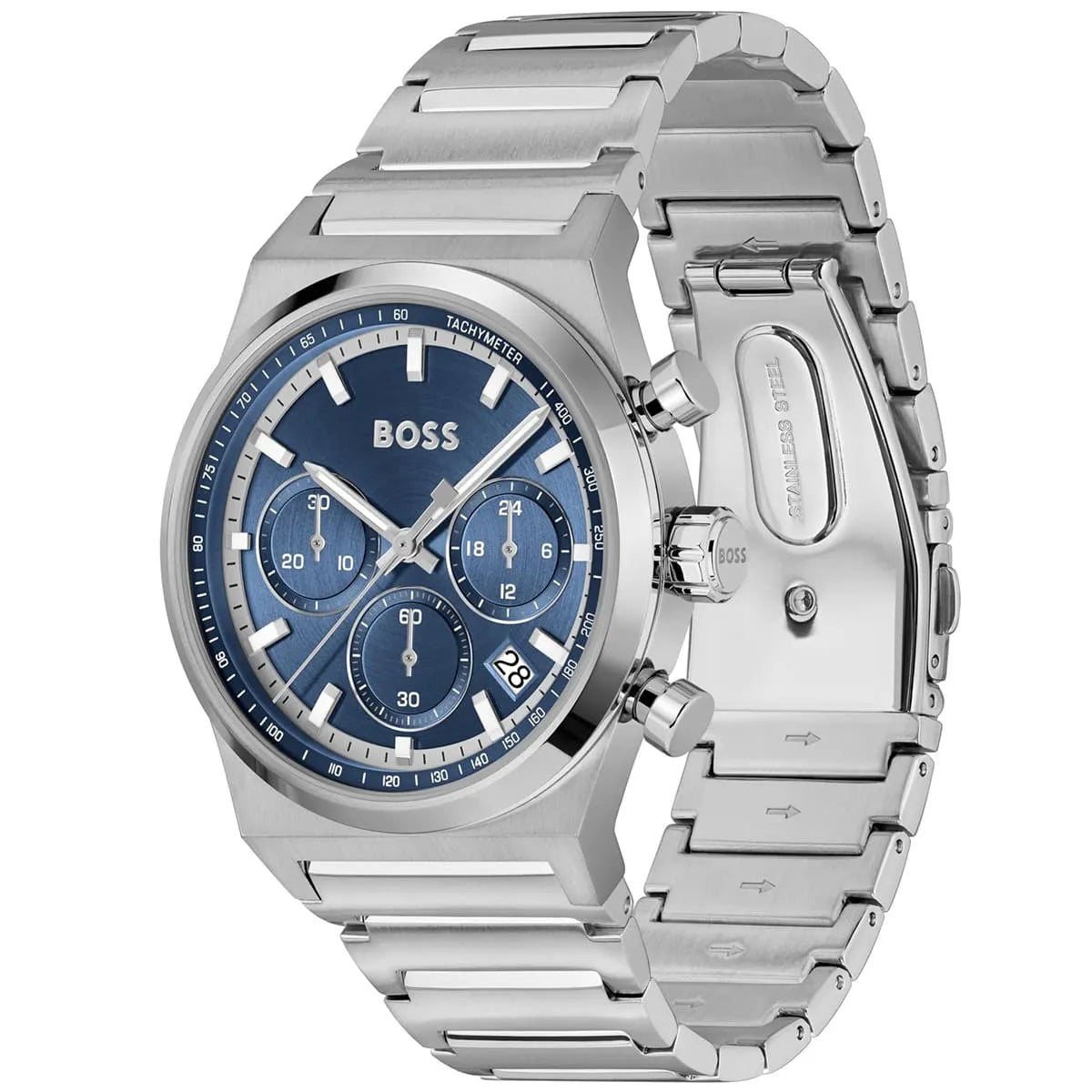 Hugo Boss Candor watch showing dial and side profile of stainless steel bracelet