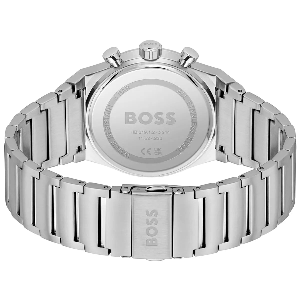 Hugo Boss Candor watch caseback with stainless steel bracelet displayed