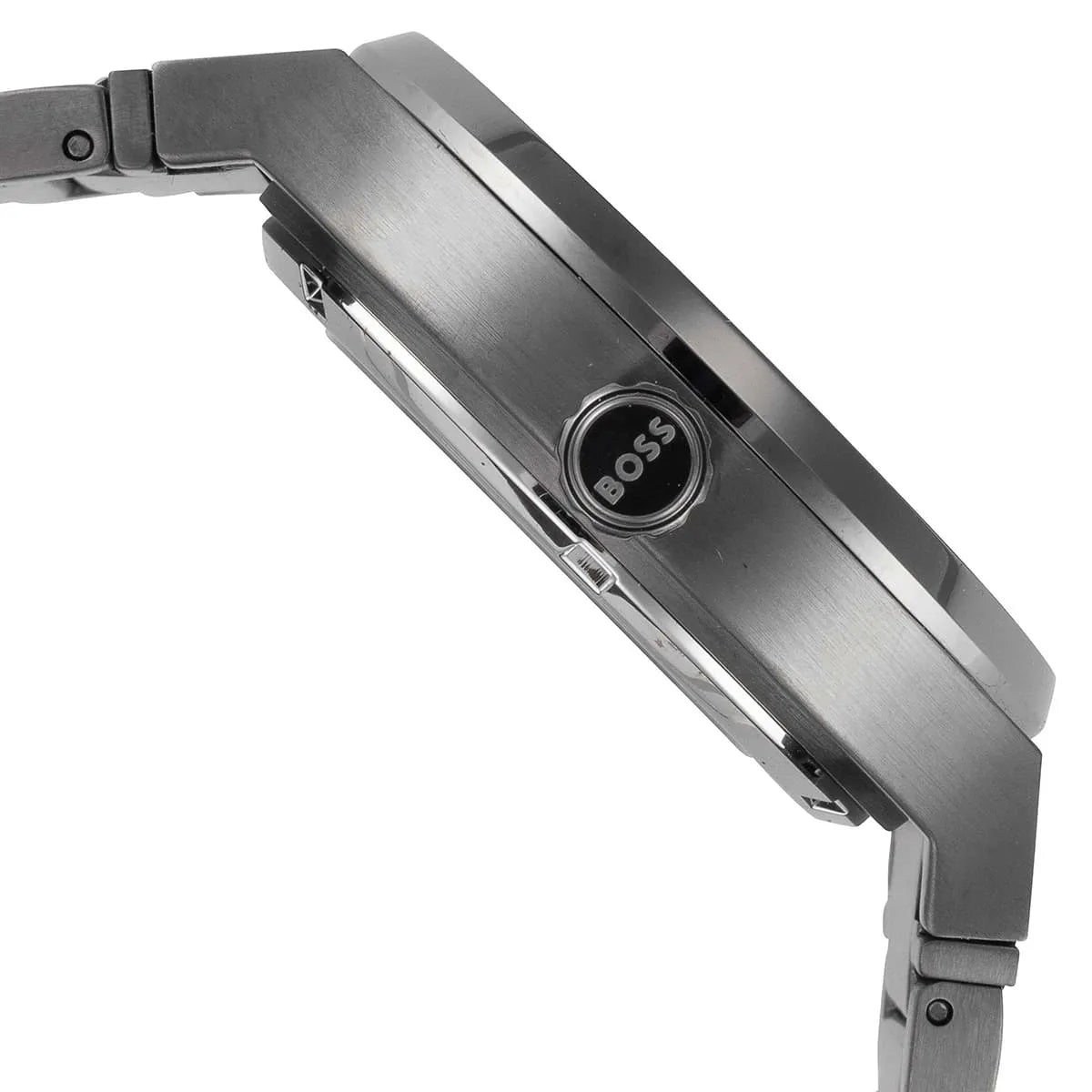 Hugo Boss Candor Auto watch side view showing case profile and gray steel bracelet
