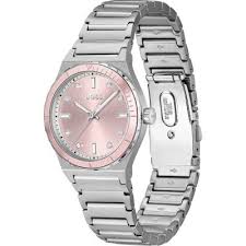 Hugo Boss Candor Sport women's watch displayed at angle with silver bracelet