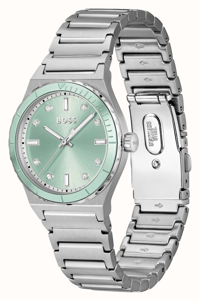 Hugo Boss Candor Sport Lux watch showing side view with stainless steel bracelet and green bezel