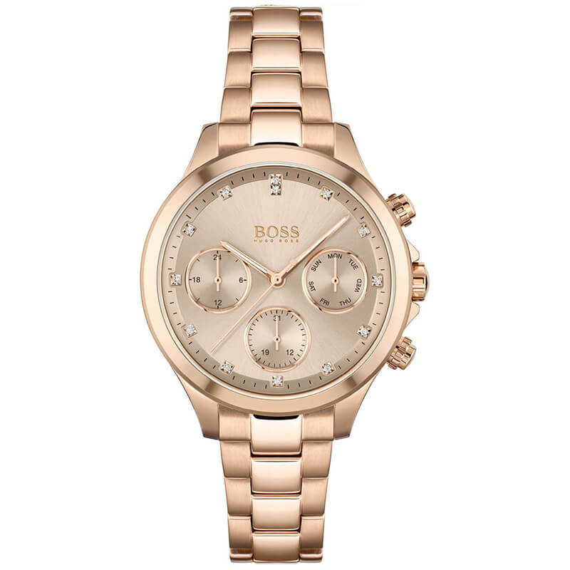 Hugo Boss Carnation women's chronograph watch with gold dial and rose gold steel bracelet