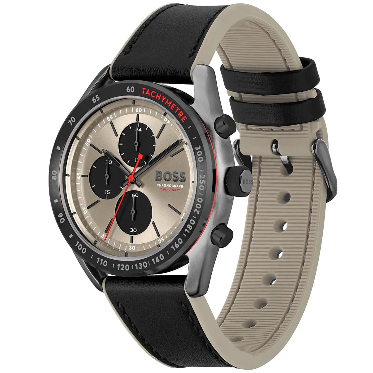 Hugo Boss Center Court watch showing gray dial and black rubber strap with tan underside