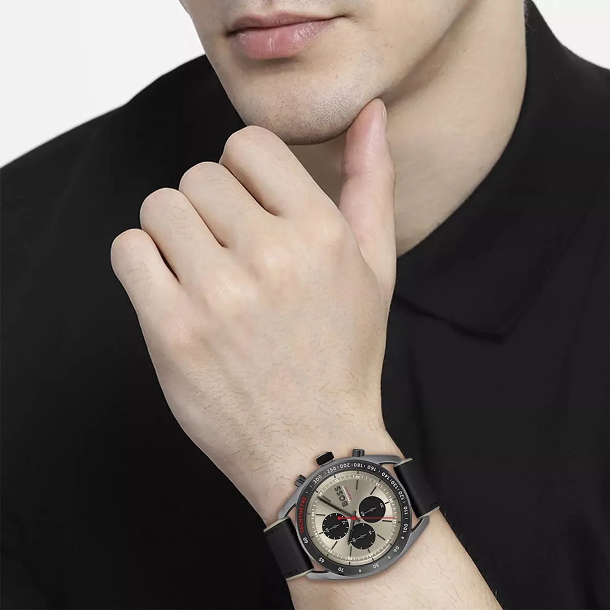 Hugo Boss Center Court Chronograph watch worn on wrist with gray dial visible