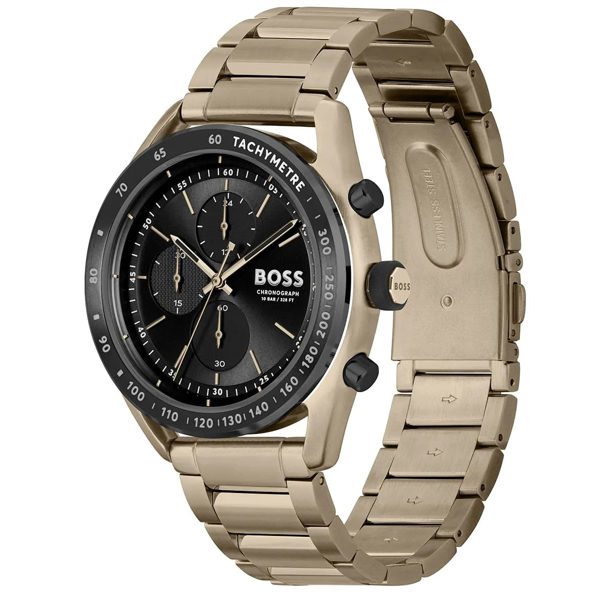 Hugo Boss Center Court Chronograph 44mm Black Dial Beige Gold IP Steel Bracelet Men's Watch – 1514027