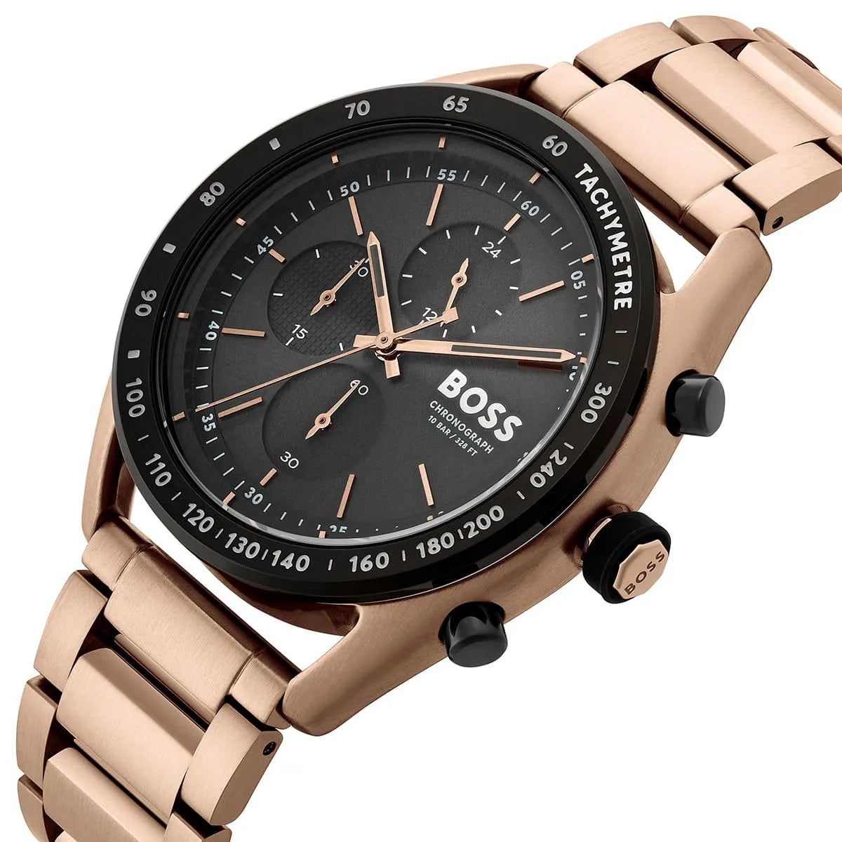 Hugo Boss Center Court Chronograph 44mm Black Dial Beige Gold IP Steel Bracelet Men's Watch – 1514027
