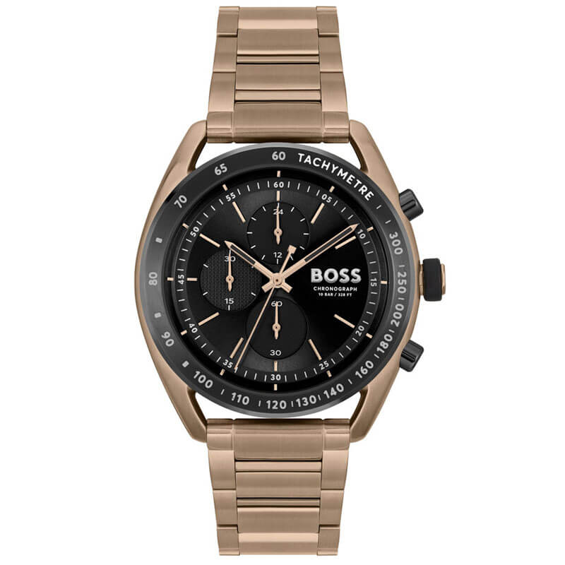 Hugo Boss Center Court Chronograph 44mm Black Dial Beige Gold IP Steel Bracelet Men's Watch – 1514027