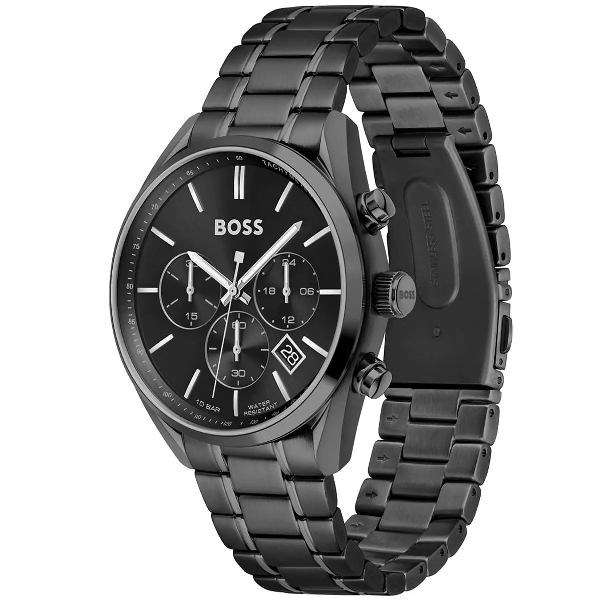 Hugo Boss Champion chronograph watch at side angle with black steel strap