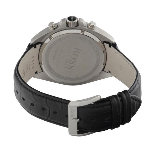 Case back of Hugo Boss chronograph watch with BOSS branding and sapphire crystal