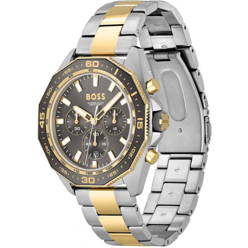 Hugo Boss Chronograph Energy watch shown from angle view with visible two-tone band and case back