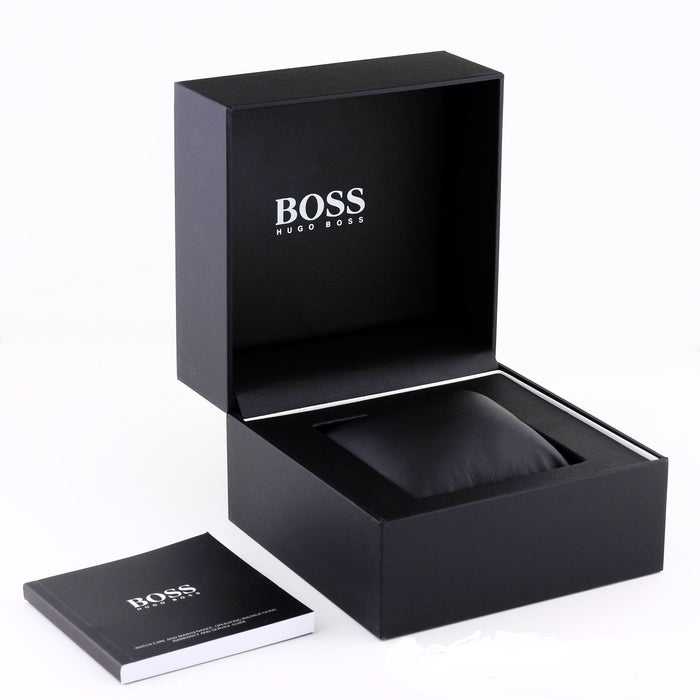 Hugo Boss watch presentation box with protective cushion and documentation card