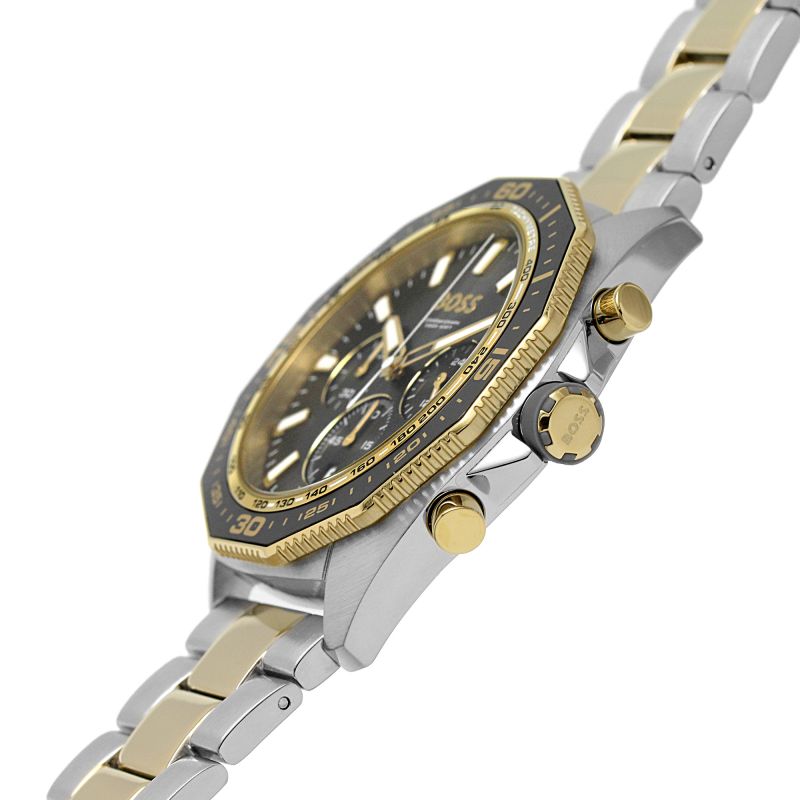 Side view of Hugo Boss Chronograph Energy watch displaying two-tone bracelet and chronograph pushers