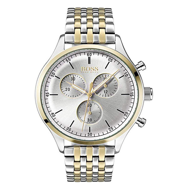 Hugo Boss Classic Companion silver dial chronograph watch with two-tone stainless steel and gold accents