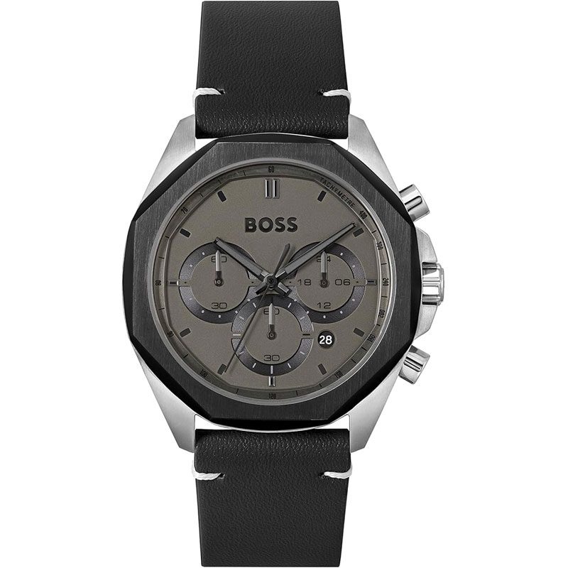 Hugo Boss Cloud chronograph watch with gray dial and black leather strap
