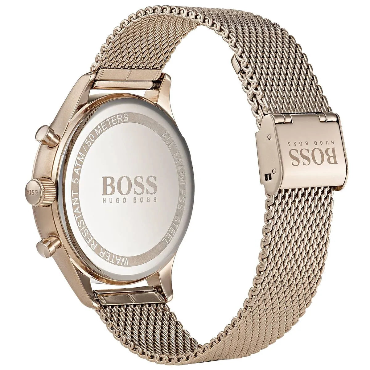 Hugo Boss Companion Chronograph Black Dial Rose Gold Mesh Strap Watch For Men - 1513548
