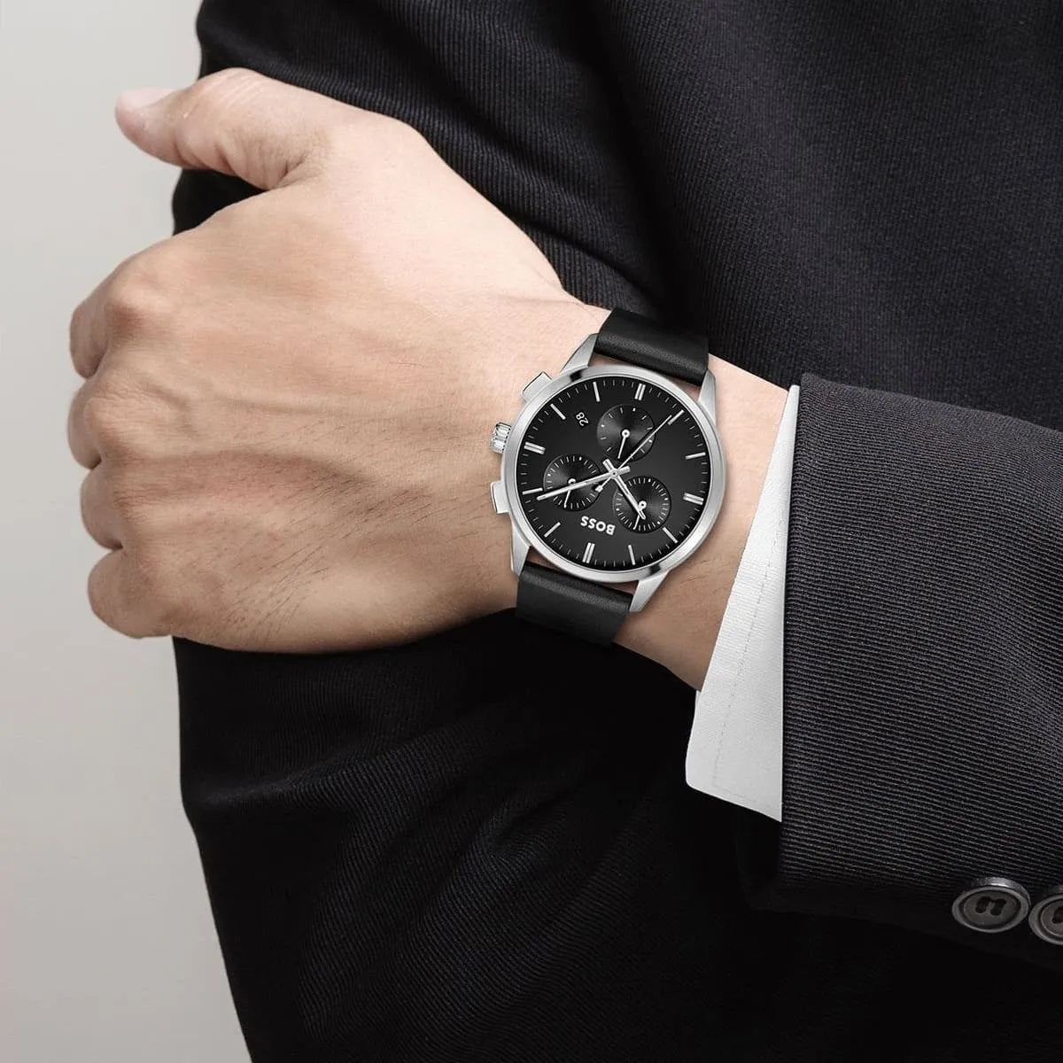 Hugo Boss Dapper watch on wrist showing dial and chronograph subdials in casual wear