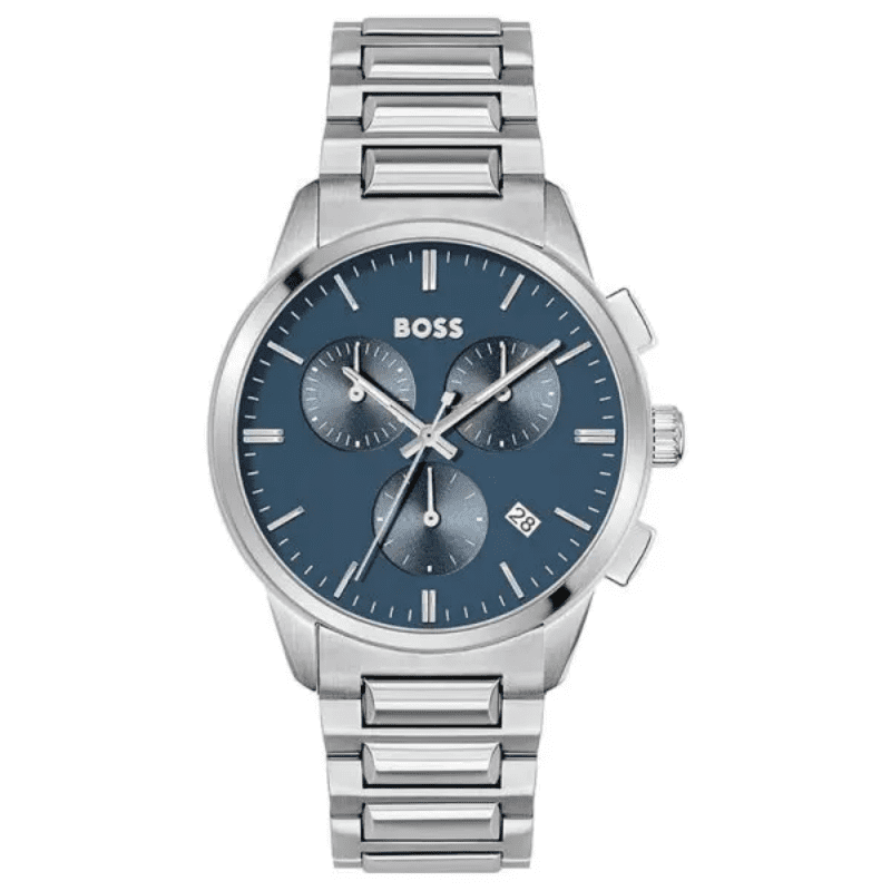 Hugo Boss Dapper chronograph men's watch with blue dial and silver stainless steel bracelet