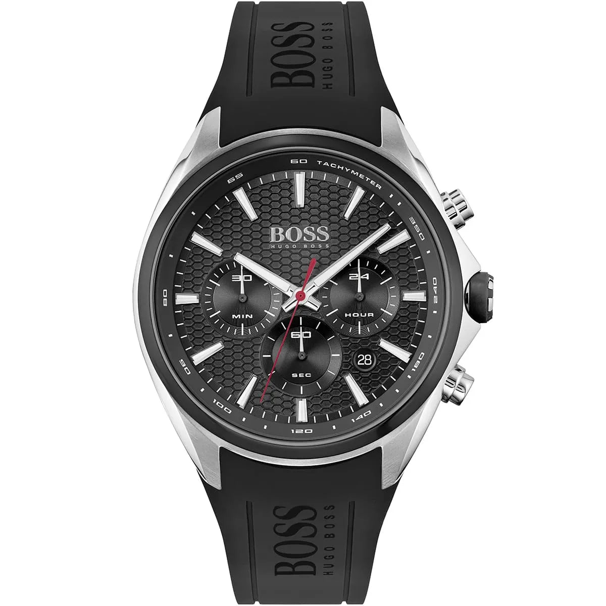 Hugo Boss Distinct men's chronograph watch featuring black dial with textured face, silver-tone case, and black rubber strap with logo