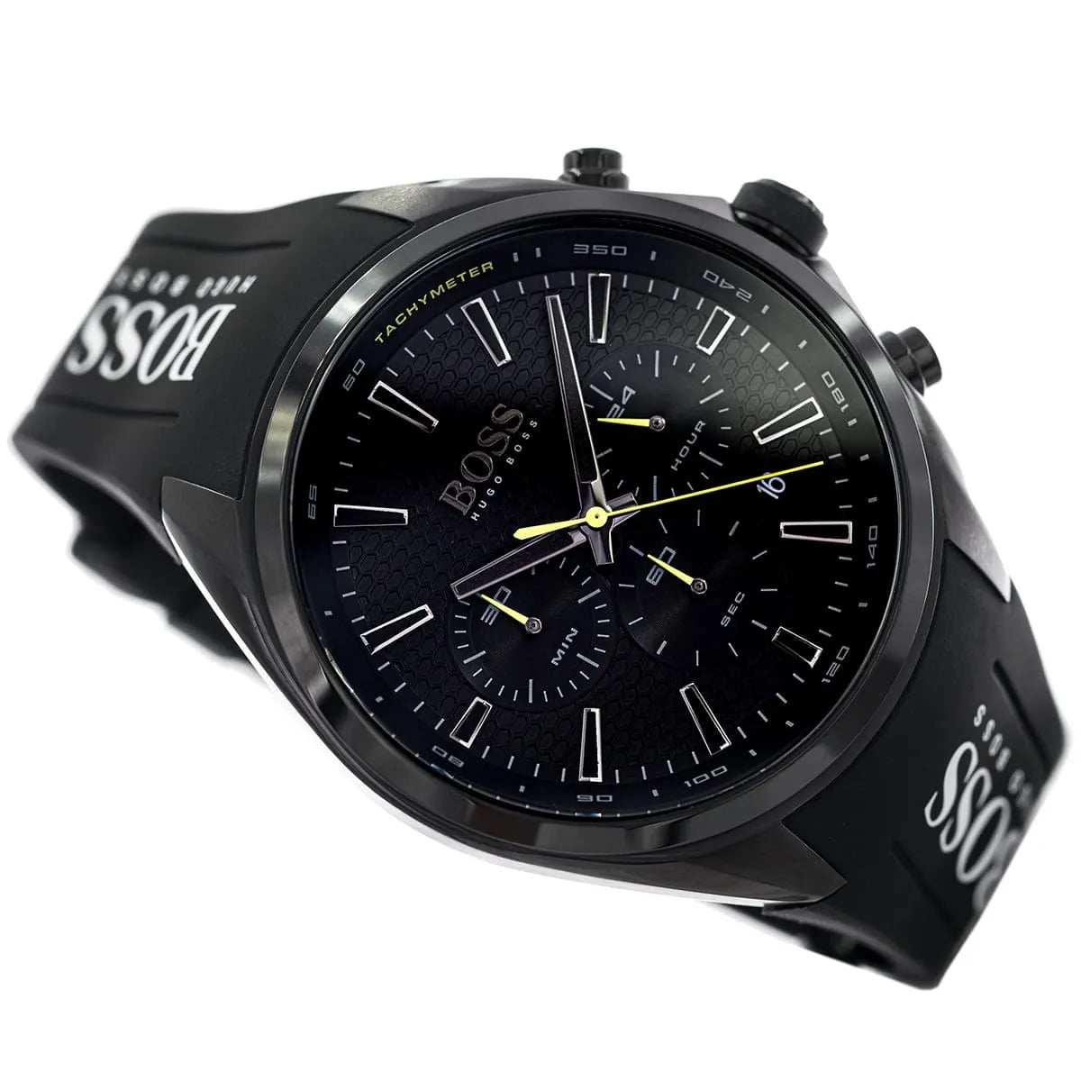 Hugo Boss Distinct chronograph watch with black dial and hands displayed at angle