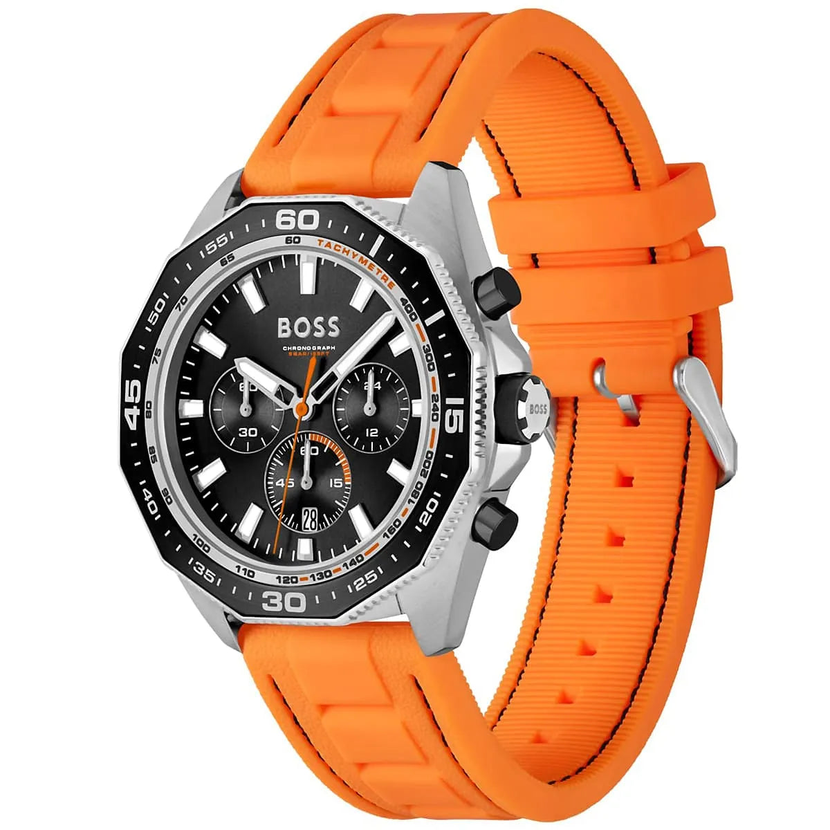 Hugo Boss Energy chronograph featuring black dial, silver case, and orange rubber strap with buckle