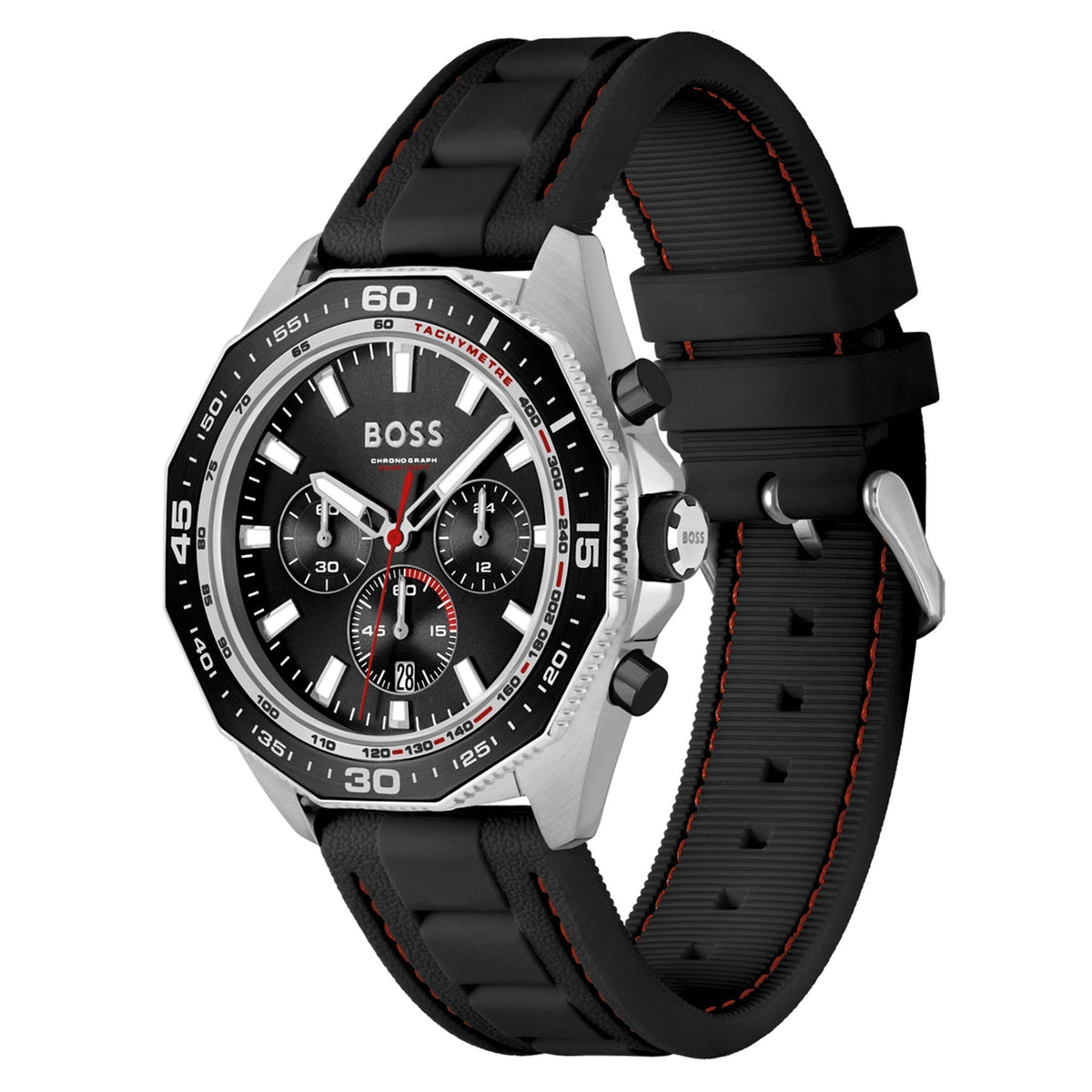 Side angle view of Hugo Boss Energy chronograph watch with black silicone strap and red stitching