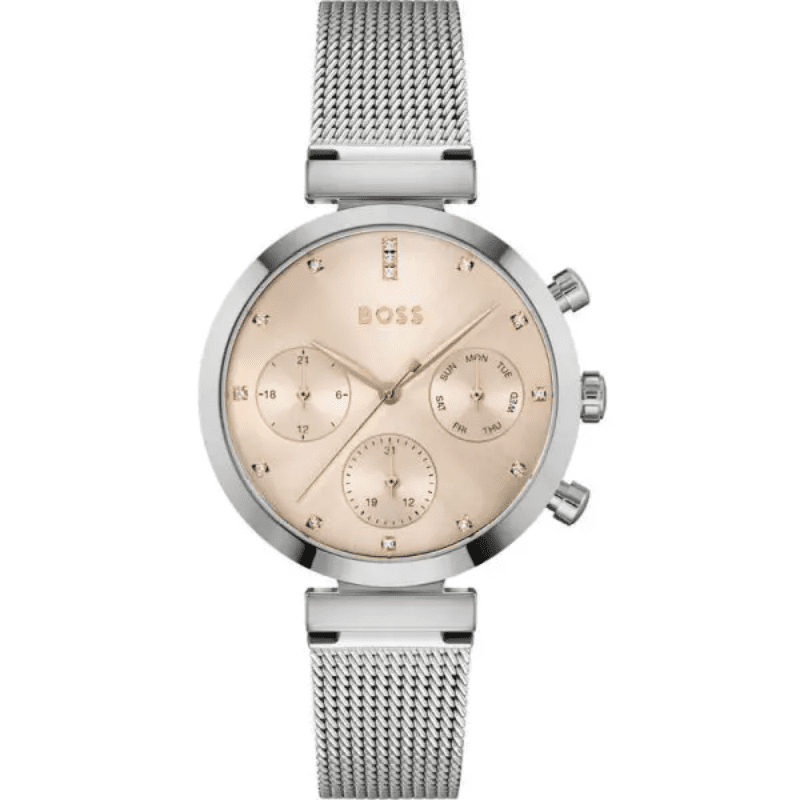 Hugo Boss Flawless women's watch with pink dial and silver mesh bracelet, front view