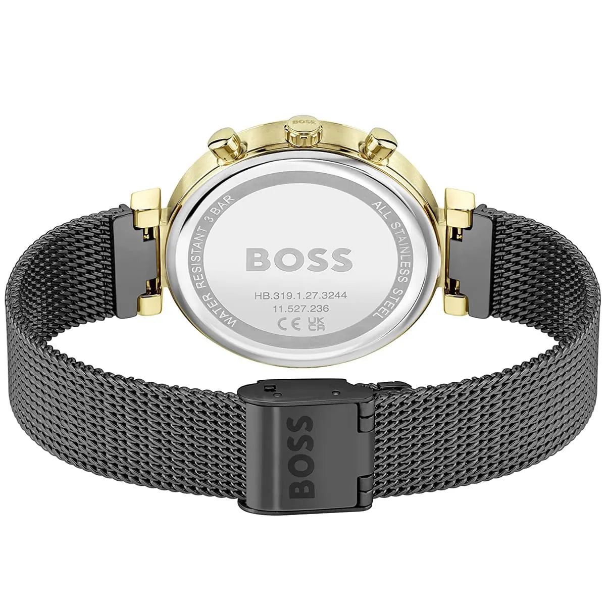 Hugo Boss Flawless watch caseback showing black mesh strap and BOSS branding detail
