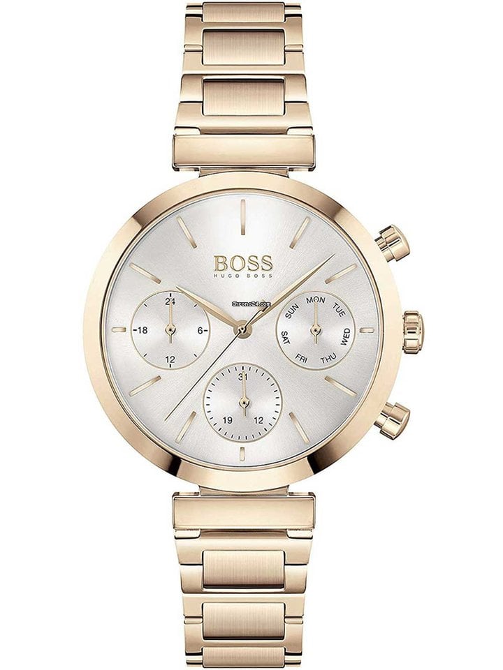 Hugo Boss Flawless rose gold chronograph women's watch with white dial and rose gold bracelet
